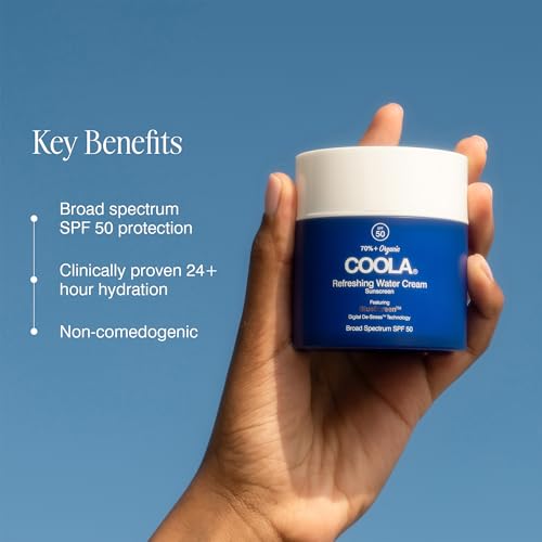 COOLA Organic Refreshing Water Cream Face Moisturizer with SPF 50, Dermatologist Tested Face Sunscreen with Plant-Derived BlueScreen Digital De-Stress Technology, 1.5 Fl Oz