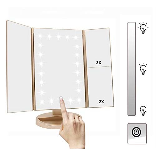 Trifold Makeup Mirror Vanity Mirror with Lights,1X 2X 3X Magnification,Touch Control,Adjustable Rotation,Dual Power Supply,Portable Travel Cosmetic Mirror,Birthday Gifts for Women,Teengirls