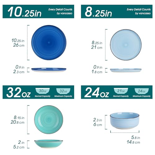 Blue Stoneware Dinnerware Set for 6 - 24 Pieces with Bowls, Plates & Variation