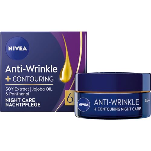 NIVEA Anti-Wrinkle + Contouring Night Cream 65+ for Mature Skin, 50 ml ? Intensive Deep Hydration and Night-Time Regeneration with Soy Extract, Jojoba Oil & Panthenol
