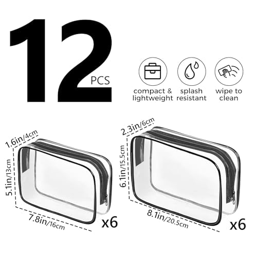 12 Pack Black Clear Travel Toiletry Bags TSA Approved Waterproof Cosmetic Organizer