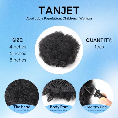 TANJET 6in Natural Black Afro Puff Ponytail for Black Women - Human Hair Drawstring Clip-in
