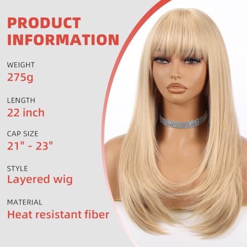 Allbell Blonde Long Straight Layered Wigs with Bangs - 22 Inch Synthetic Heat-Resistant Hair for Women