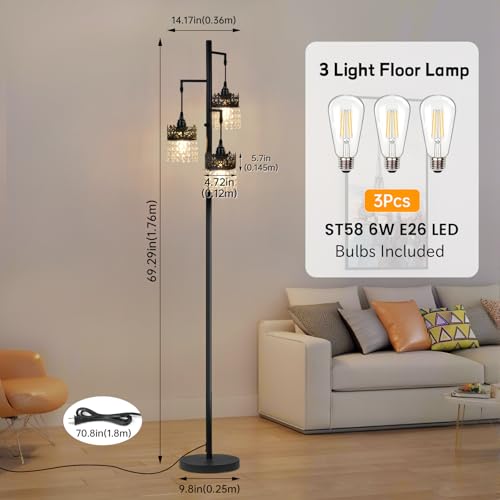 DMBOSS Crystal Floor Lamp - Modern Black Crown Design with Stepless Dimming (Black)