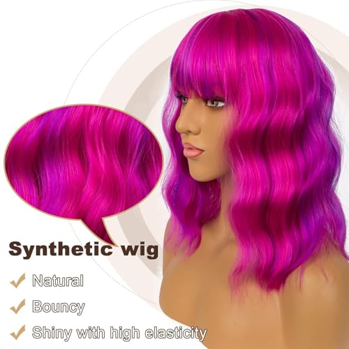 Dopdiz Rose Mixed Purple Short Wavy Bob Wig with Bangs for Women - Heat-Resistant Synthetic Cosplay Hair