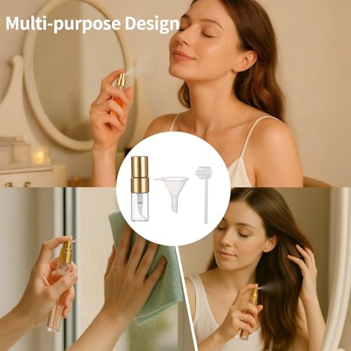 Lnrueg 100 Pcs Mini Spray Bottles, 0.07 oz/2 ml Refillable Glass Perfume Bottles, Portable Travel Sample Containers with Caps, Fine Mist Atomizers with 4 Funnels and 4 Dispensers, Gold