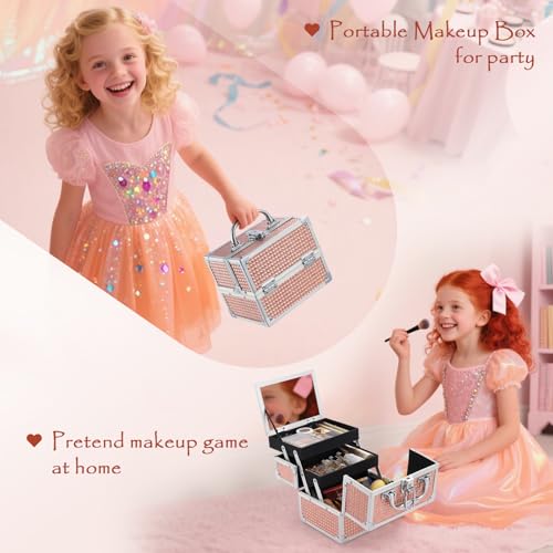 Costravio Glitter Pink Makeup Box with Mirror & Lock - Travel Organizer for Girls Women Kids