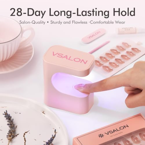 Opal Glow Press On Nails Kit - Medium Almond Cat Eye French Tip Nude Pink Shimmer, Reusable Salon Quality with UV Gel, 32 Pieces