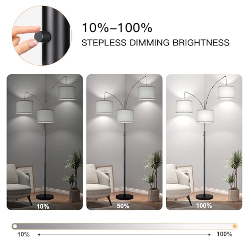 Dimmable Arc Floor Lamp with Grey Linen Shades - Matte Black Metal Finish, 3 Lights, Tall Standing Tree Design