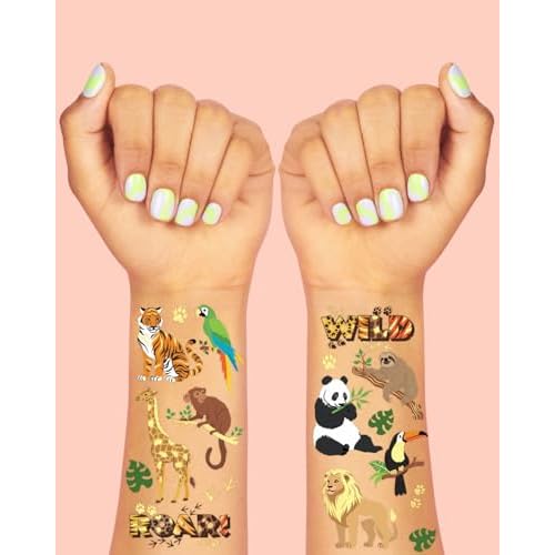 xo, Fetti Jungle Animals Temporary Tattoos - 56 Gold Foil Pcs | Wild Birthday Accessory, Safari Bachelorette Party Favor, Cute Kids Zoo Activity