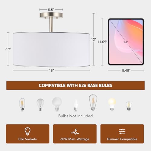 Semi Flush Mount Ceiling Light - 18 Inch Drum Fixture with Nickel Finish - 3 Lights
