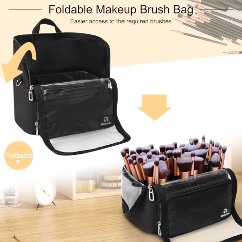 Large Makeup Brush Bag with Adjustable Dividers - Black, X-Large, Travel Friendly