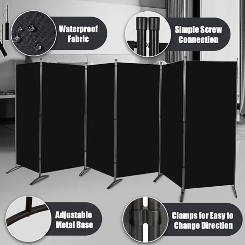 Black 6-Panel Room Divider Folding Privacy Screen for Home Office Classroom