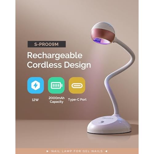 MelodySusie Gooseneck Cordless UV Nail Lamp with Adjustable Light Angle, S-Pro09M 2-in-1 Rechargeable Fast Curing Nail Dryer Cures All Gels, Especially Rhinestone Glue & Liner Gel Polish