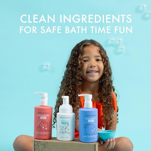 Dabble & Dollop USA Bundle, 3-in-1 Natural Bubble Bath, Body Wash & Shampoo for Kids, Paraben & Sulfate Free, Vegan, Tear-Free, Strawberry, Vanilla & Blueberry (Set of 3)