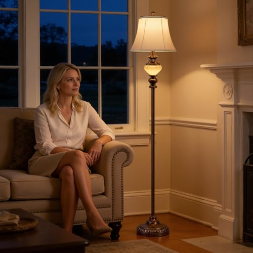 PARTPHONER Brown 65-Inch Vintage Floor Lamp with Nightlight & Fabric Shade