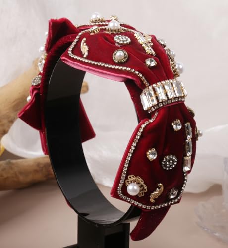 YARN & INK Baroque Wine Velvet Bow Rhinestone Headband Elegant Hair Accessory