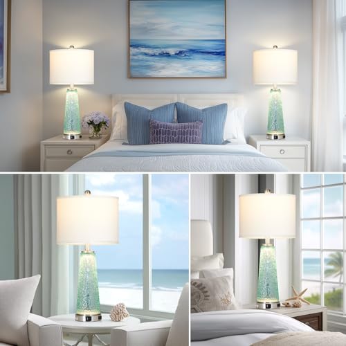 Teal Coastal Glass Table Lamp with USB & Outlet - 26 Inch Nightstand Lighting