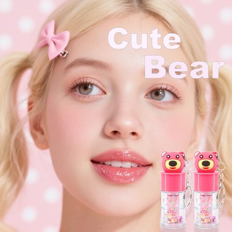 6 Pcs Hydrating Lip Gloss Set, Shimmer Glossy Moisturizing Lip Jelly Sequins and Sparkles Lip Make-Up for Women Party Gift Cute Bear Keychain Design