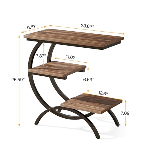 C-Shaped End Table - 3-Tier Rustic Brown Side Table for Living Room & Small Spaces - Set of 2 - Rustic Brown