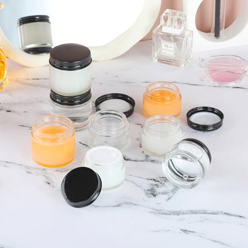 24 Pack 1oz Clear Glass Cosmetic Jars with Black Metal Lids & Inner Liners - Travel Lotion Containers