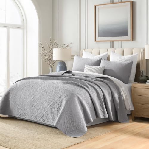AJOCCI Grey Queen Cotton Quilt Set 3PC - Breathable All-Season Bedspread