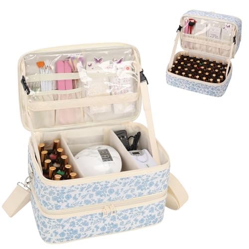 Blue Flower Nail Polish Organizer Bag Holds 50+ Bottles & UV Nail Lamp