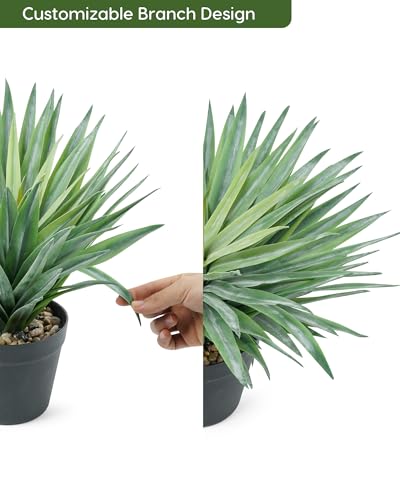 Green Artificial Agave Plant in Black Pot - 27-Inch Tall, Real Stone Pebbles