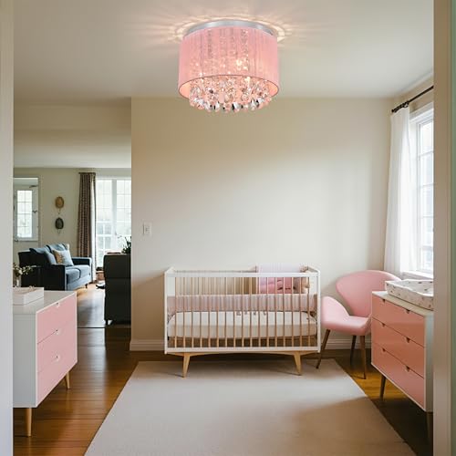 Pink Drum Flush Mount Chandelier - 3 Light Crystal Ceiling Fixture for Bedroom - 11 inch Variation