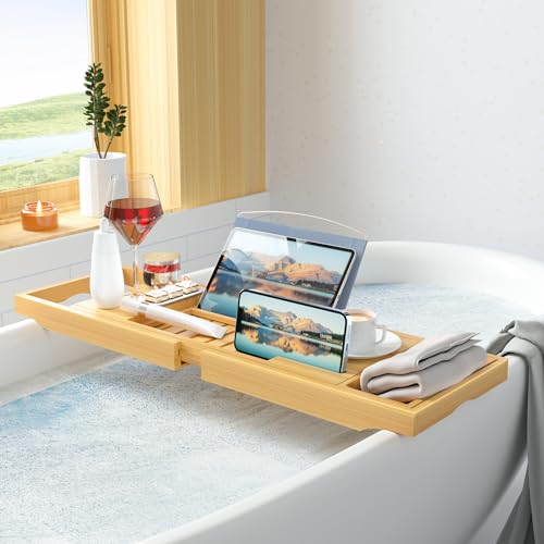 Luxury Bamboo Bathtub Caddy Tray with Book & Wine Holder - Waterproof Spa Accessory