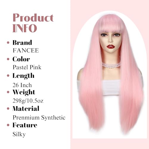 FANCEE Pastel Pink Wig with Bangs - 26 Inch Straight Synthetic Cosplay Hair