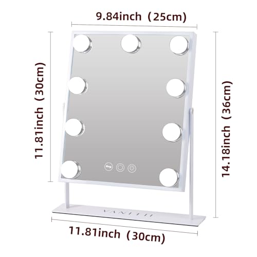 VANITII Vanity Mirror with Lights Hollywood Lighted Makeup Mirror with 9 Dimmable Bulbs Smart Touch Control 3 Colors Light for Bedroom, Detachable 10X Magnification, 360¡ÆRotation