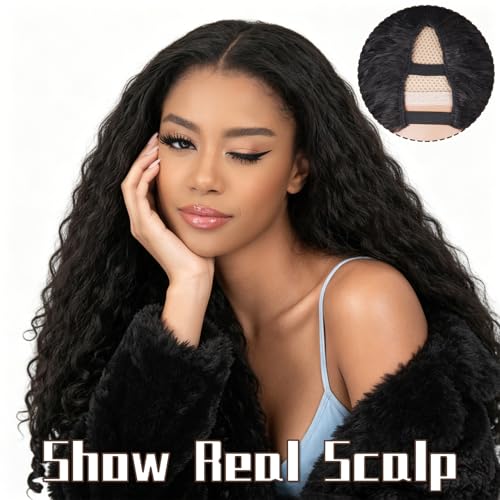 Suntefic Afro Curly V Part Wig 22 Inch Black Synthetic Hair, 180% Density