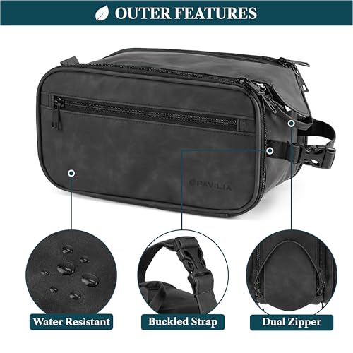 Extra Large Water-Resistant Toiletry Bag for Men - Hanging Organizer, PU Leather, Travel Essentials, Black