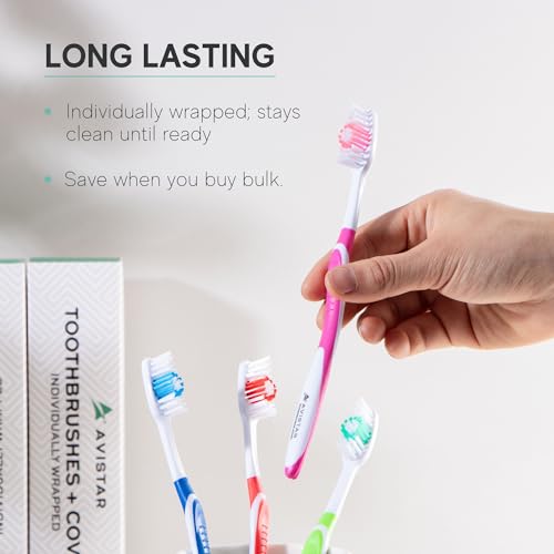 Avistar 104 Pack Mix - Individually Wrapped Med-Soft, Large-Head Disposable Travel Toothbrushes with Covers (4 Colors)