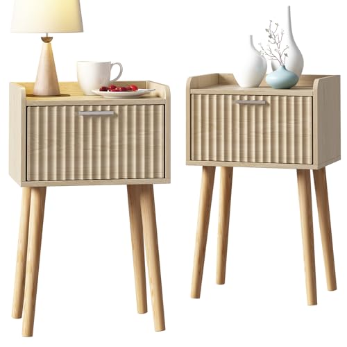 LAATOOREE Nightstand Set of 2 - Small Bedside Tables with Fluted Door, Natural/Fluted Style