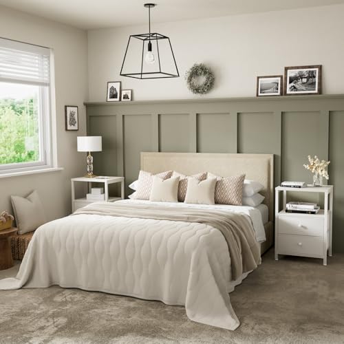 White Nightstand with Charging Station, LED Lights & Fabric Drawers