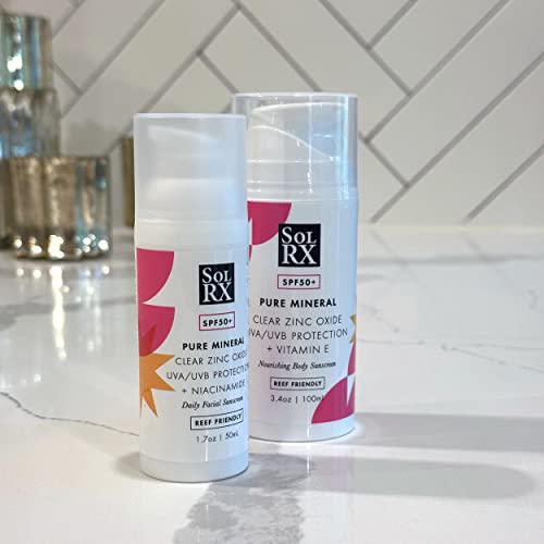 SolRX Pure Mineral SPF 50+ Face Sunscreen - 1.7oz Zinc Oxide Sunscreen with Niacinamide, Daily Facial Sunscreen, Reef Safe Sunscreen