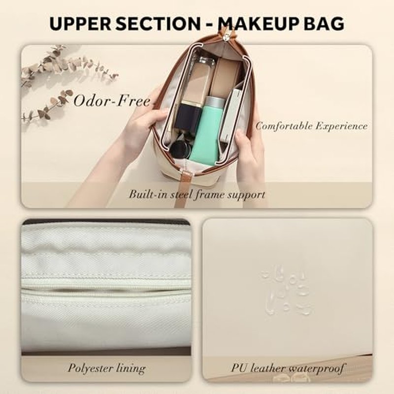2-In-1 Jewelry Box and Makeup Bag with Mirror - Versatile Travel Jewelry Holder Organizer Cosmetic Bag, Portable Toiletry Bag with Integrated Jewelry Makeup Case for Women Men (White & Brown)