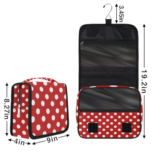 Bardic Hanging Travel Toiletry Bag for Women, Polka Dot Print Travel Makeup Bag Red White Polka Dot Portable Cosmetic Bag Travel Organizer for Toiletries Accessories