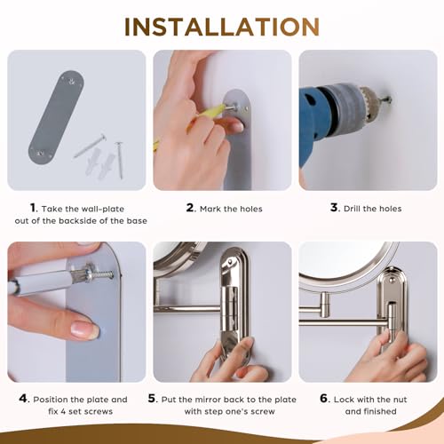 VORREMIRR Wall Mounted Makeup Mirror with 360° Swivel & Extendable Arm, 1X/30X Magnification, Chrome Finish