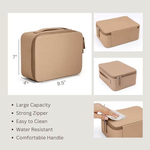 MELINE Khaki Brown Makeup Bag with Brush Holder – Large Travel Cosmetic Case