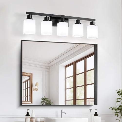 Black 5-Light Bathroom Vanity Light Fixture with Square Frosted Glass - Modern Wall Sconce Over Mirror
