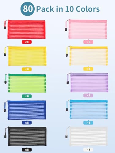 JARLINK Solid Color Mesh Zipper Pouch - 80pcs Durable Pencil Bags in 10 Colors