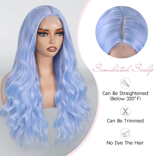 FAVE Light Blue Wavy Synthetic Wig for Women 26-Inch Long Party & Daily Use