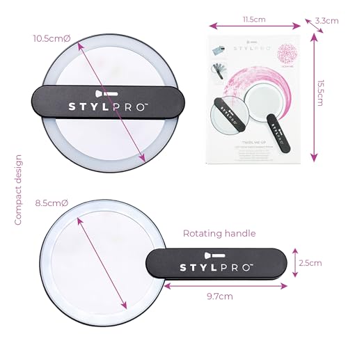Stylideas Stylpro Twirl Me Up LED Hand Held Compact Makeup Mirror - Lightweight, USB Rechargeable - Rotating Handle Perfect for Selfies - 1 pc