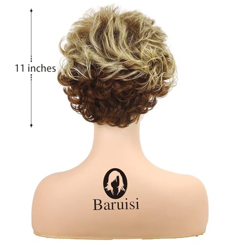 Short Fluffy Brown & Blonde Wigs for Women Natural Look Synthetic Curly Hair with Bangs
