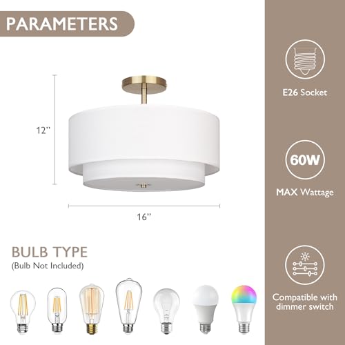 Gold 16-Inch Dual Drum Ceiling Light Fixture with White Fabric Shades