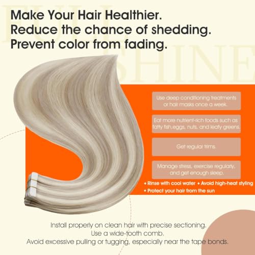 Full Shine Tape-In Hair Extensions Human Hair Ash Blonde 18/613, 12 Inch - Blended with Beige Blonde Variation P18/613