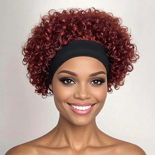 Red Short Curly Human Hair Headband Wig - Burgundy #99J 6 Inch, Glueless, 150% Density